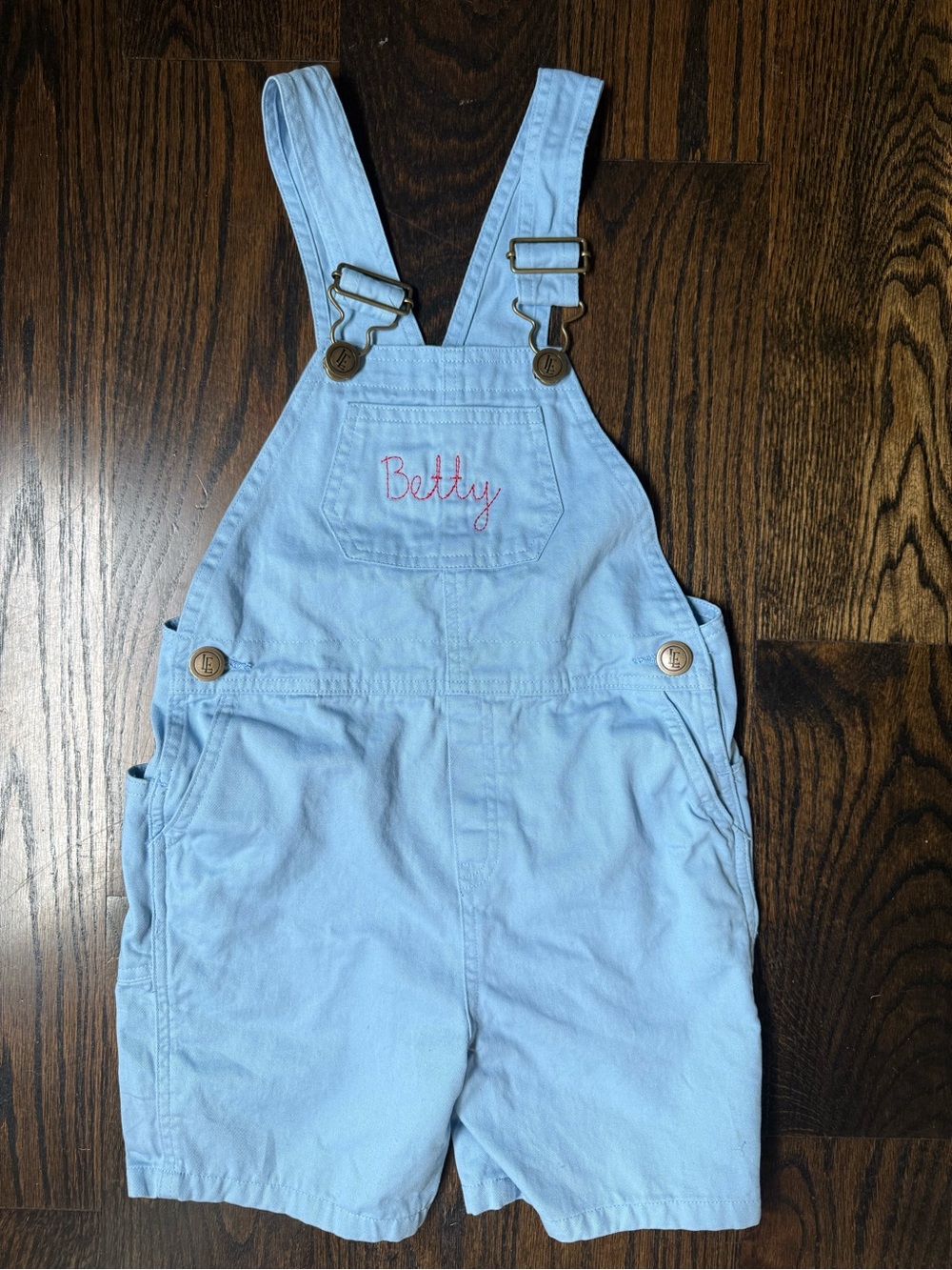 “Betty” Embroidered Light Blue Kids Short Overalls
